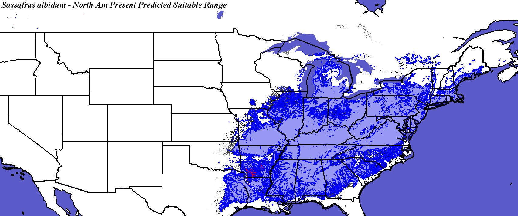 Home Range Shifts for Sassafras_albidum Predicted Under Climatic Change