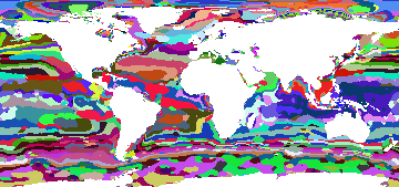 Map showing the 500 most-different water masses on the surface of the world's oceans in January